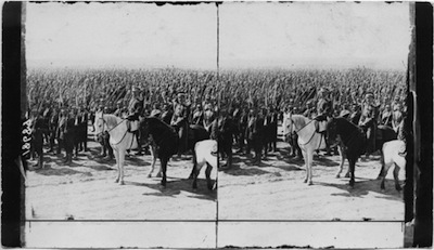 1996.0009.18689 Not Known [Title not known], [Date not indicated] Keystone photo print 7.18 in. x 4.18 in. Keystone-Mast Collection, UCR/California Museum of Photography, University of California, Riverside Object Description: Two uniformed men on horseback surrounded by soldiers on foot with bayonets Artifact Inscription: A Bristling Forest of Bayonets, Russian Troops on Review.