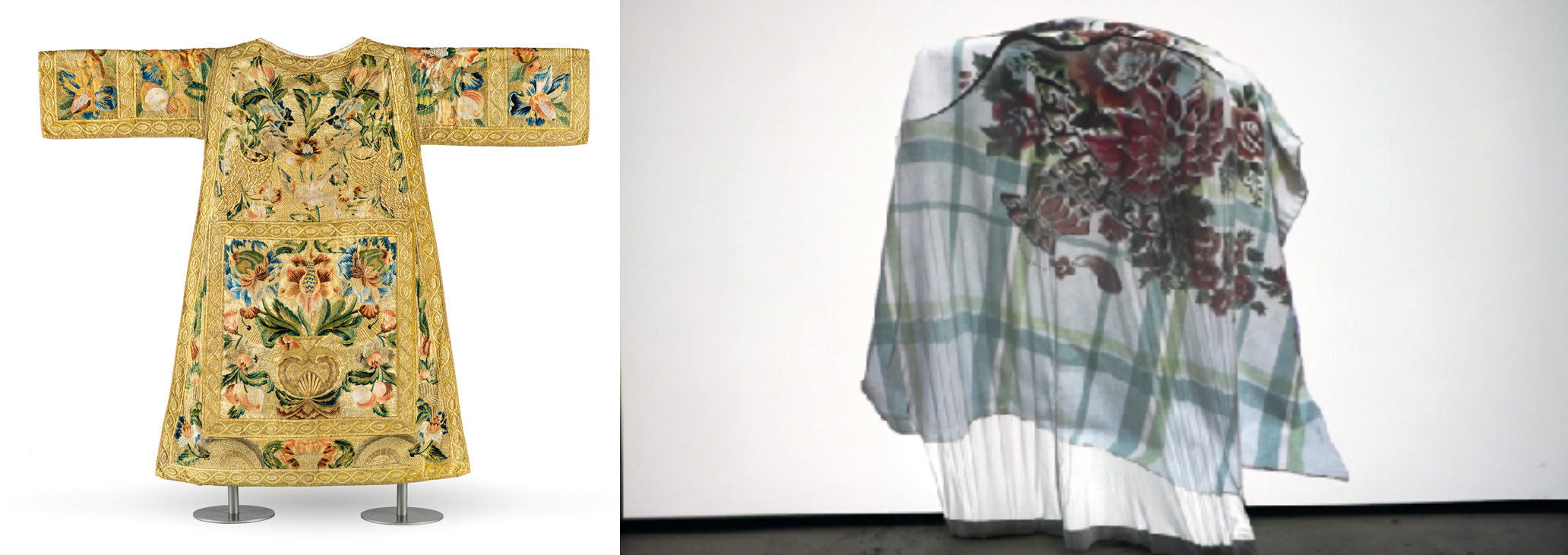 Left (LACMA selection): Set of Ecclesiastical Vestments (Dalmatic), Mexico, c. 1730, Los Angeles County Museum of Art, Costume Council Fund, photo © Museum Associates/LACMA; Right (Artist work): Ching Ching Cheng, (re)Build, 2018, single channel video, 6 minutes, photo courtesy of the artist