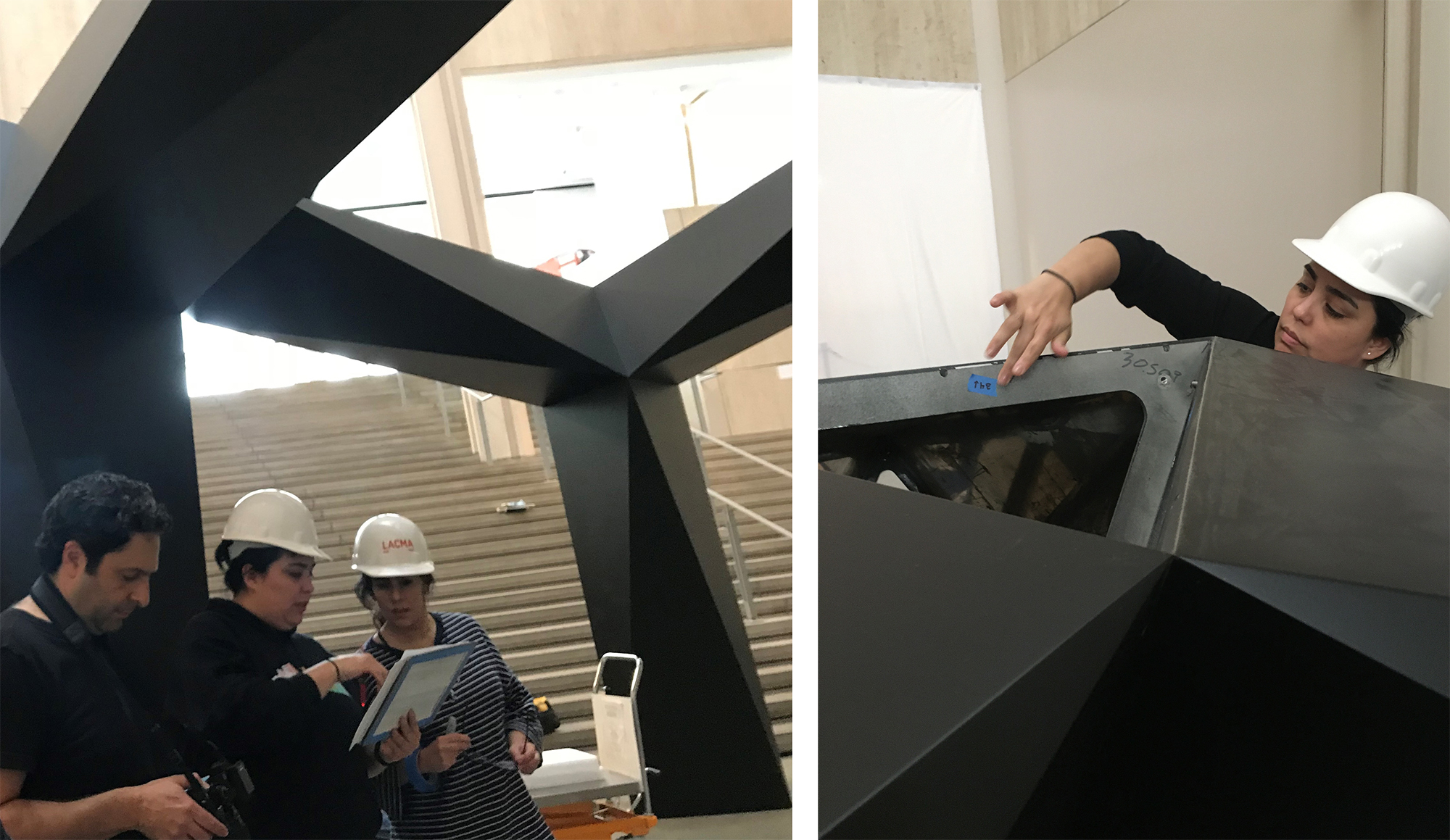 Left: Martha Rocha (center) and Biaani Carrillo-Muñoz (right) made notes while Yosi reviewed images; Right: Martha labeling a piece of the sculpture before removal