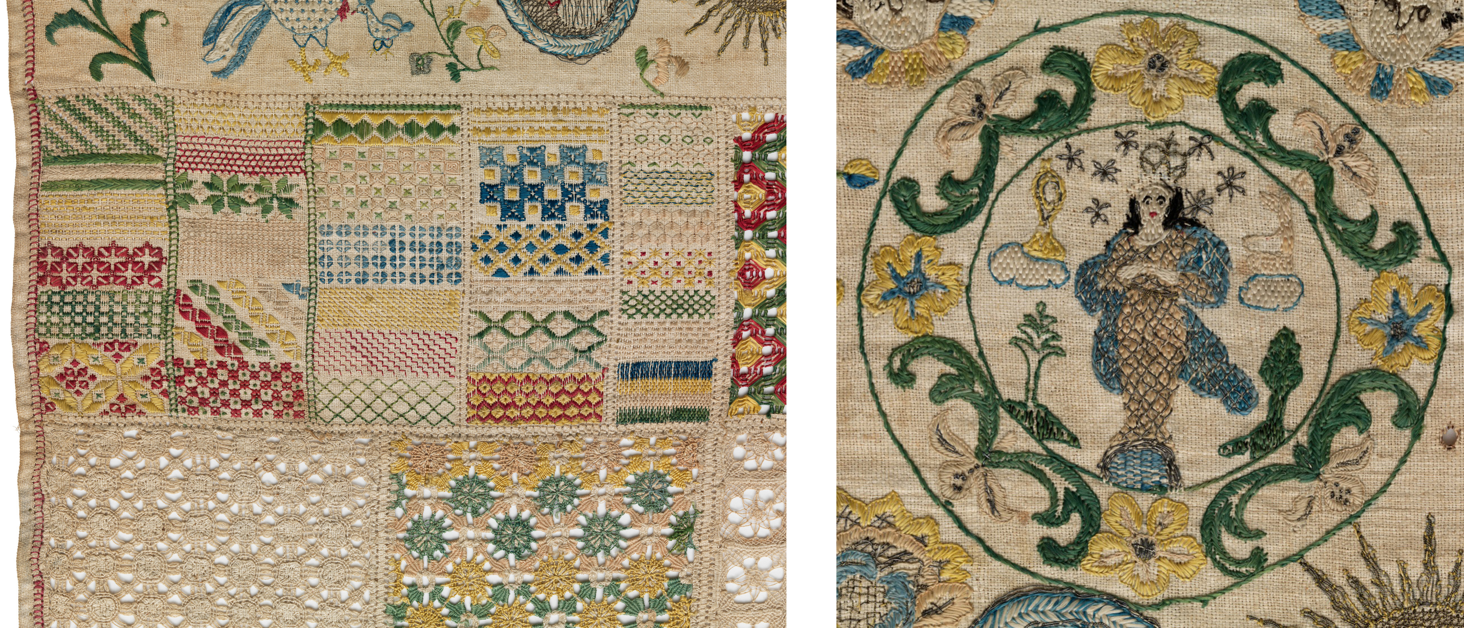 Sampler (details), Mexico, c. 1785, Los Angeles County Museum of Art, Costume Council Fund, photo © Museum Associates/LACMA