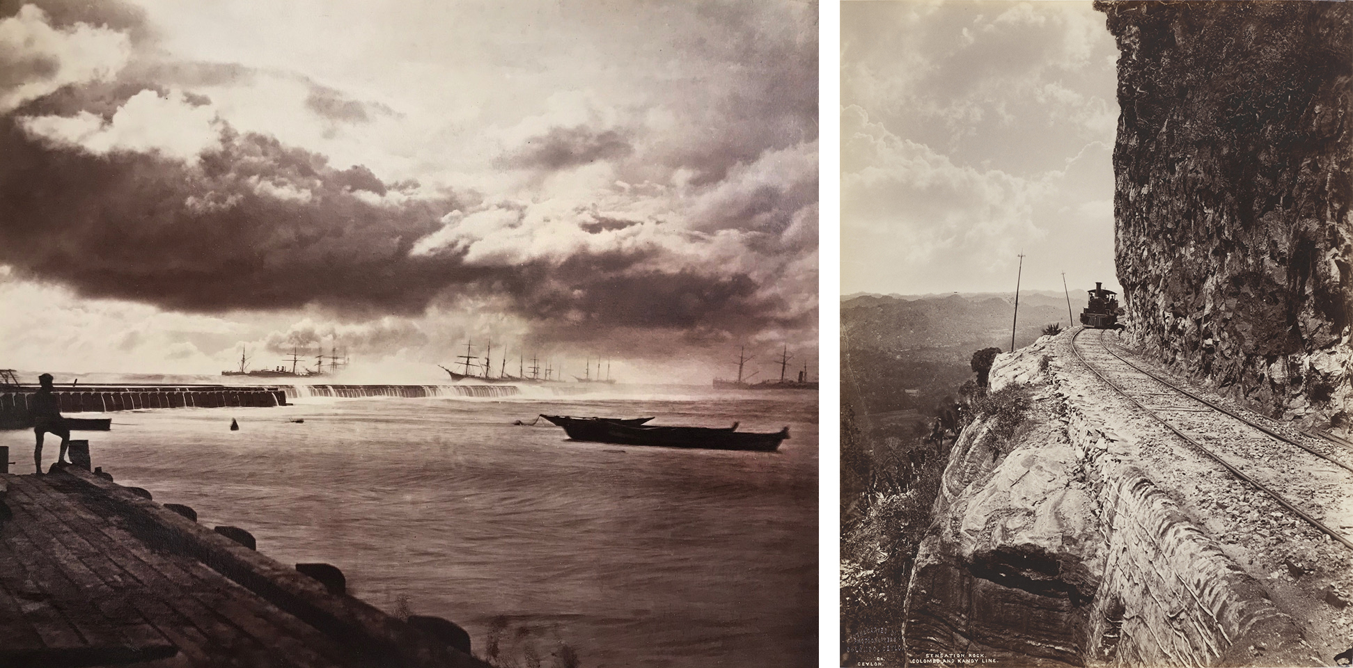 Left: Charles T. Scowen & Co., Colombo Harbor Breakwater, Sri Lanka, Colombo, c. 1885–90, Lent by Peter Fetterman Gallery, photo courtesy of the lender; Right: Charles T. Scowen & Co., Sensation Rock. Colombo and Kandy Line., Sri Lanka, Kandy, c. 1880, Los Angeles County Museum of Art, gift of Gloria Katz and Willard Huyck