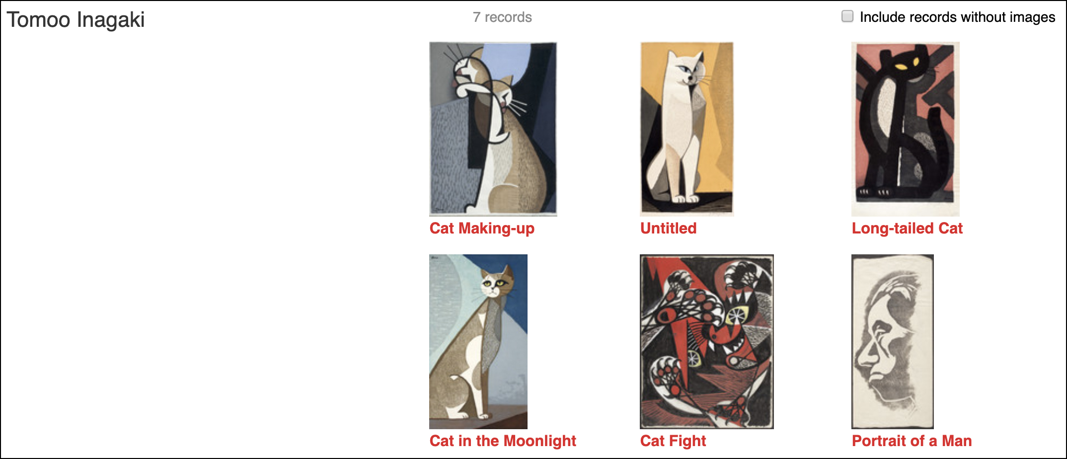 Works by artist Inagaki Tomoo in LACMA’s collection database. Clearly he was a fan of felines!