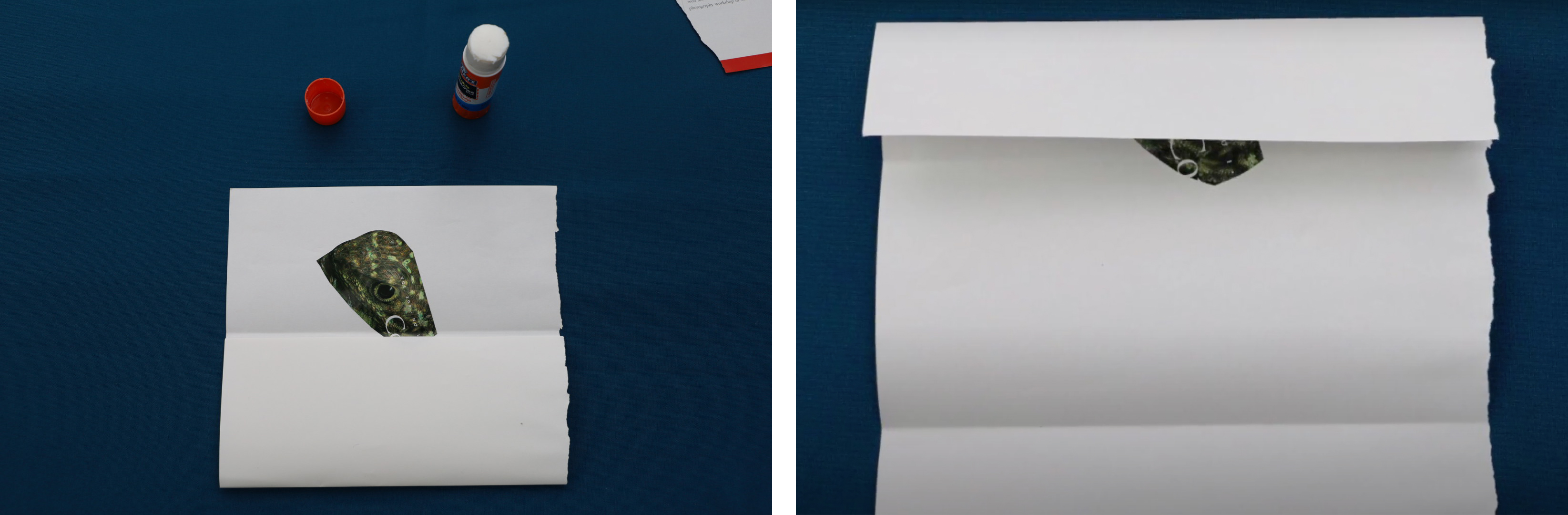 images showing a found image head pasted on the top portion of the paper and then the paper folded over the head to hide it