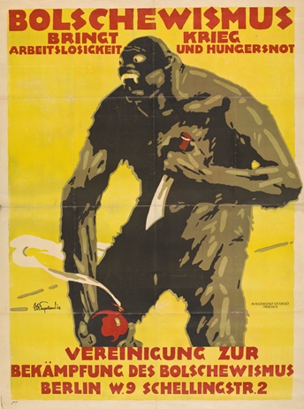 Julius Ussy Engelhard, Bolschewismus bringt Krieg, Arbeitslosigkeit und Hungersnot (Bolshevism Brings War, Unemployment, and Famine), 1918, lithograph printed in red, yellow, brown, and black on wove paper, Gift of the Robert Gore Rifkind Collection, Beverly Hills, CA, © Julius Ussy Engelhard Estate