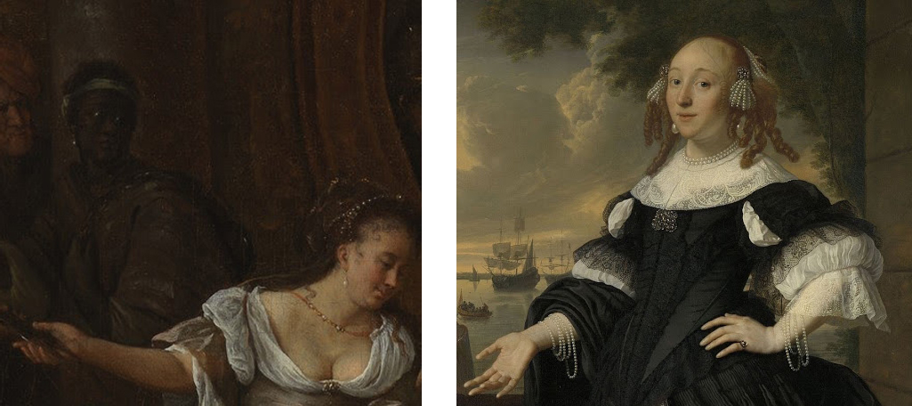 Left: Jan Havicksz Steen, Samson and Delilah (detail), 1668, Los Angeles County Museum of Art, gift of The Ahmanson Foundation, photo © Museum Associates/LACMA; Right: (fig. 8) Bartholomeus van der Helst, Geertruida den Dubbelde (1647-84), Wife of Aert van Nes, 1668, Rijksmuseum, photo: Rijksmuseum