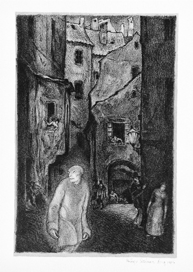 Hugo Steiner Prag, Czechoslovakia, active Germany and United States, 1880–1945, Die Erscheinung des Golem (The Appearance of the Golem), 1915–16, From the portfolio Der Golem (The Golem) lithograph, The Robert Gore Rifkind Center for German Expressionist Studies, M.82.287.68f. © The Estate of Hugo Steiner-Prag, photo © Museum Associates/LACMA. 