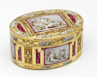 Jean Fremin (gold box) and Claude Bornet (enamel), Snuffbox with Putti and Nymphs, 1768–69, France, long-term loan from The Rosalinde and Arthur Gilbert Collection on loan to the Victoria and Albert Museum, London