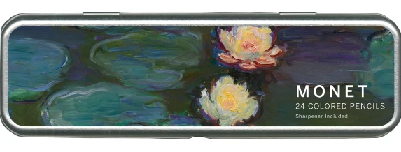 rectangular metal pencil case with Claude Monet's Nympheas painting printed on the top