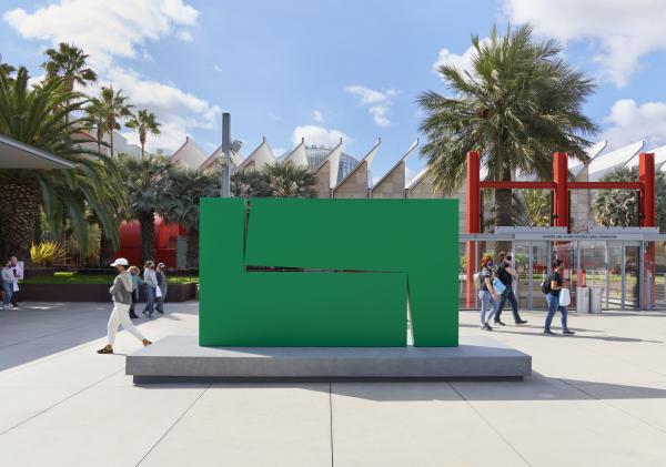 Large green metal sculpture in LACMA's Smidt Welcome Plaza