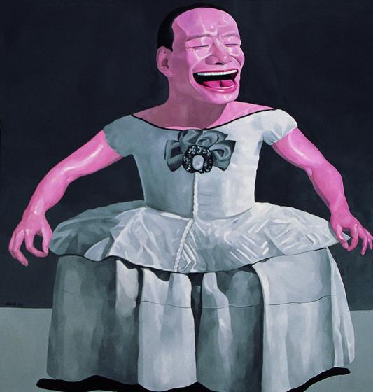 Painting of laughing pink man in dress