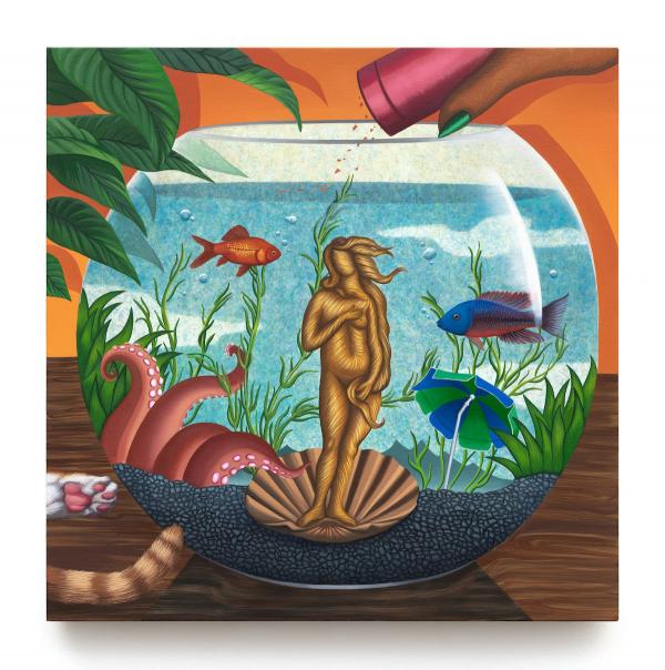 Painting of fishbowl containing fish, tentacles, plants, and a version of Botticelli's Venus made of hair