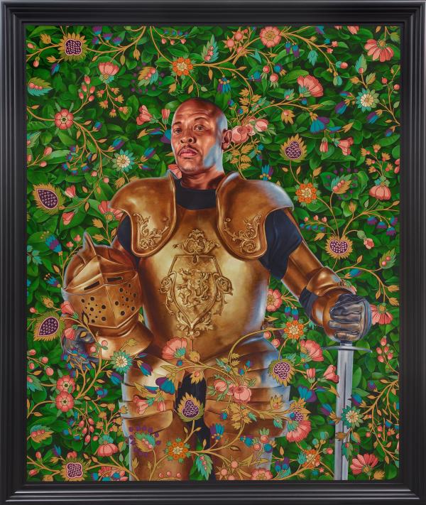 Portrait of man in golden armor emerging from foliage