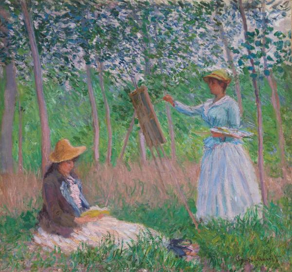 Claude Monet, In the Woods at Giverny: Blanche Hoschedé at Her Easel with Suzanne Hoschedé Reading, 1887