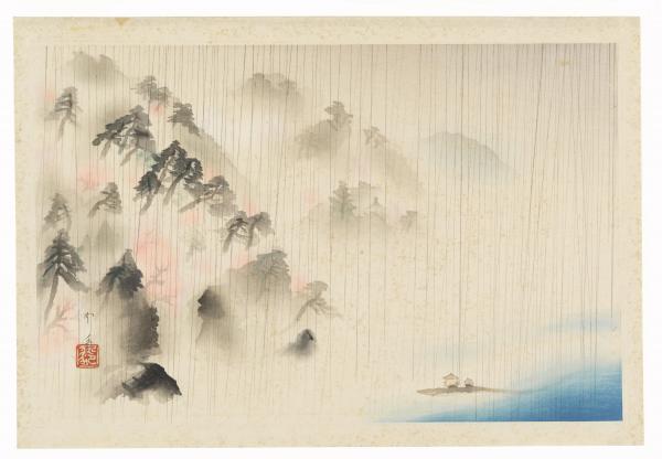 Japanese print of mountains and coastline