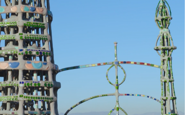 Aerial view of a section of the Watts Towers with colorful ornaments