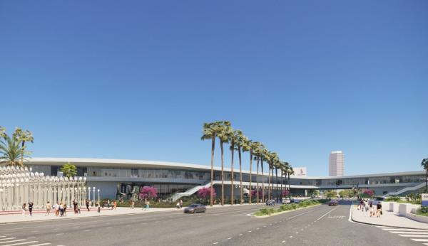 Rendering of building exterior and streetscape with palm trees