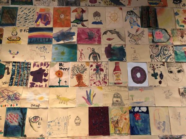 Community wall in the Boone Children’s Gallery. Artwork made by visitors.