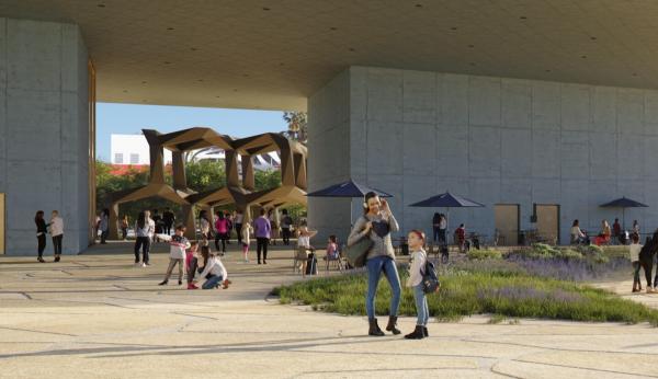 Rendering of people in plaza area under a large gray building 