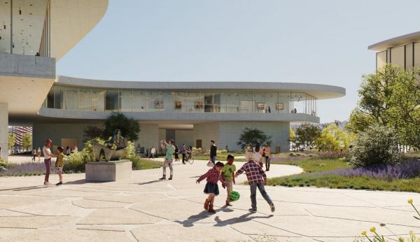 Rendering of gallery building and outdoor plaza with people, landscaping, and sculpture