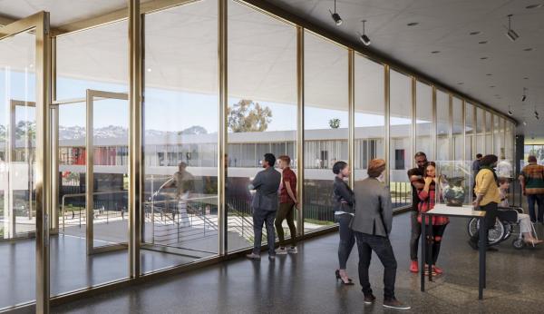 Rendering of gallery interior with floor to ceiling glass walls and visitors viewing art