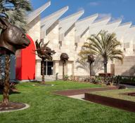 Exterior of LACMA's campus with animal head sculptures