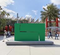 Large green metal sculpture in LACMA's Smidt Welcome Plaza