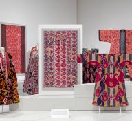 Installation photograph, Power of Pattern: Central Asian Ikats from the David and Elizabeth Reisbord Collection