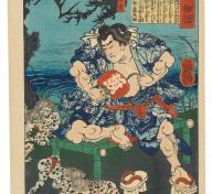 Tsukioka Yoshitoshi, Shirafuji Genta Watching Kappa Wrestle, 1865, 2nd month