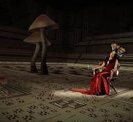 Woman in red dress sitting in chair wearing a crown of mushrooms, giant mushrooms in the room to the left of her