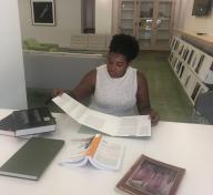 2018–20 Andrew W. Mellon Undergraduate Curatorial Fellow Jabrea Patterson-West engaged in archival research in LACMA's Balch Art Research Library, 2019