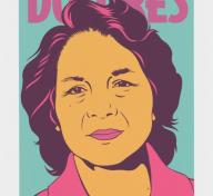 Colorful poster of a woman that reads "Dolores"