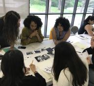 2019 Mellon Summer Academy students: Helen Pinto, Sajdah Nasir, Jennifer Cernada (advisor), Miranda Claxton, Mia Harder, and Jennifer Payan working on their exhibition idea