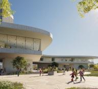 Rendering of gray building with floor to ceiling glass with visitors on the courtyard